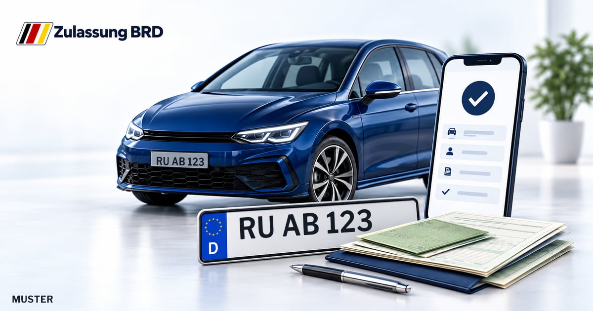 Online Fahrzeugzulassung in Landkreis Saalfeld-Rudolstadt: Musterkennzeichen RU AB 123, Auto und Fahrzeugpapiere und Smartphone. Illustration mit Logo von Zulassung BRD.